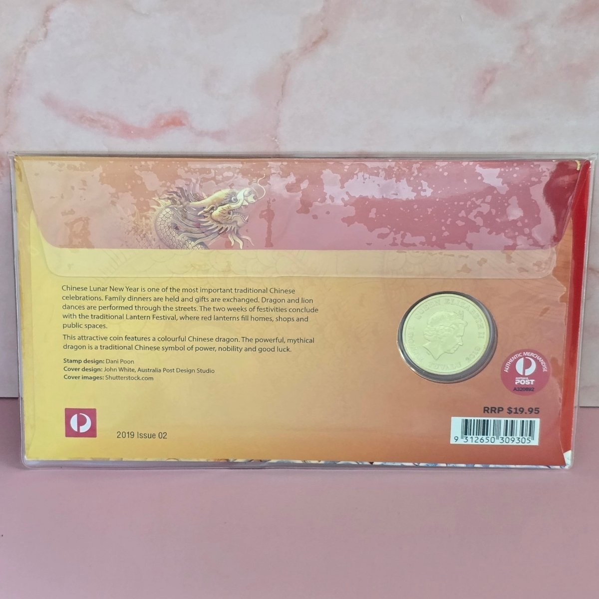 Perth Mint $1 coin in PNC with golden Chinese dragon design