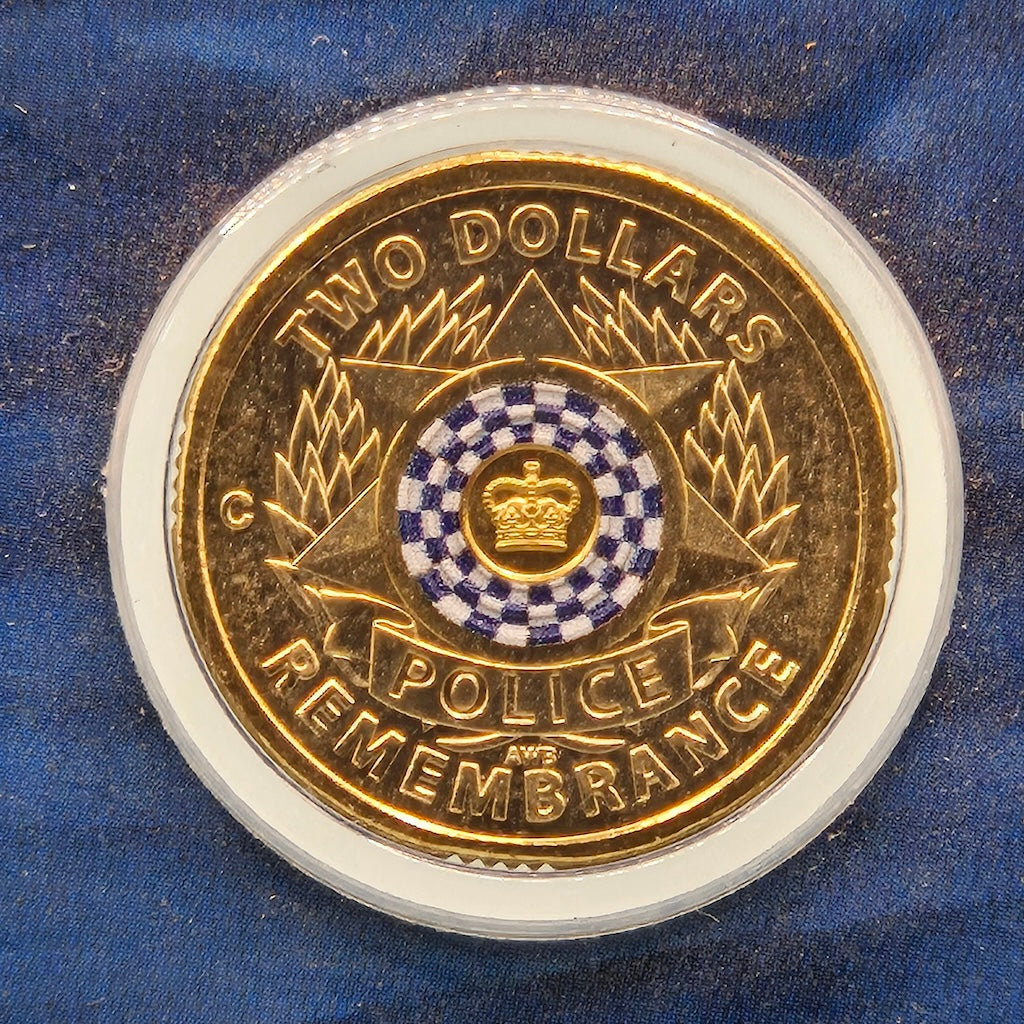 2019 $2 'C' Mintmark Police Remembrance carded coin close up reverse