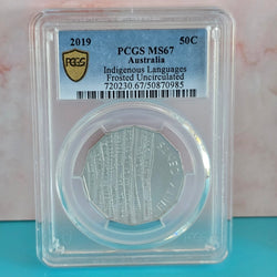 2019 50C Indigenous Languages Frosted Uncirculated coin in PCGS slab graded MS67 - reverse shown