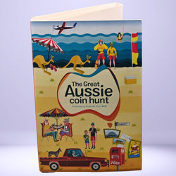 2019 'The Great Aussie Coin Hunt' Folder with illustrations of Australians and Australian icons on a beach.