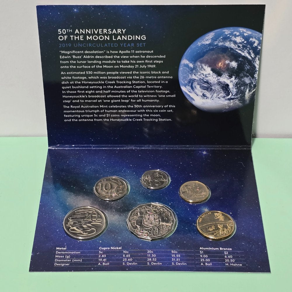2019 50th Anniversary of the Moon Landing Mint Set Uncirculated Year Set from the Royal Australian Mint with NIFC 5c and $1 designs open folder shown with information on Moon Landing and coins
