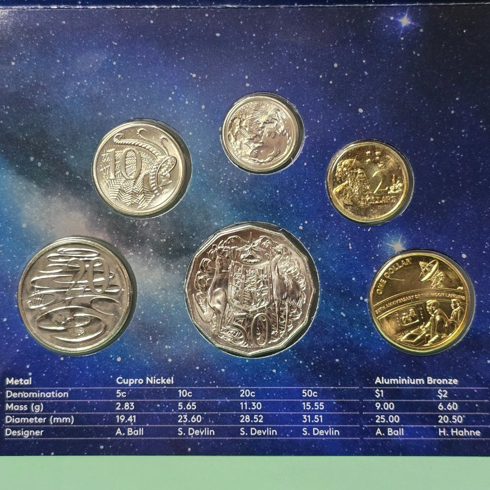 2019 50th Anniversary of the Moon Landing Mint Set Uncirculated Year Set from the Royal Australian Mint with NIFC 5c and $1 designs six coins reverse side with nominal specifications