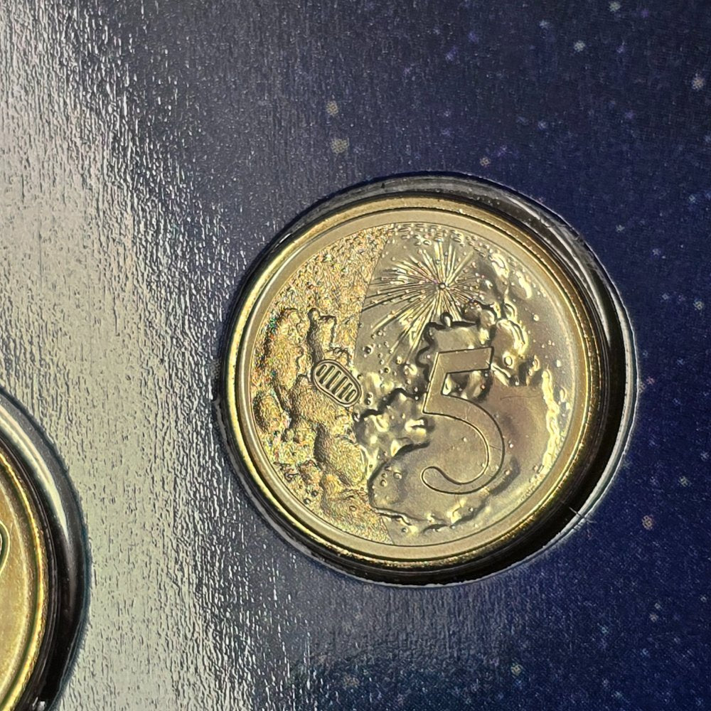 2019 50th Anniversary of the Moon Landing Mint Set Uncirculated Year Set from the Royal Australian Mint with NIFC 5c and $1 designs reverse of 5c shown