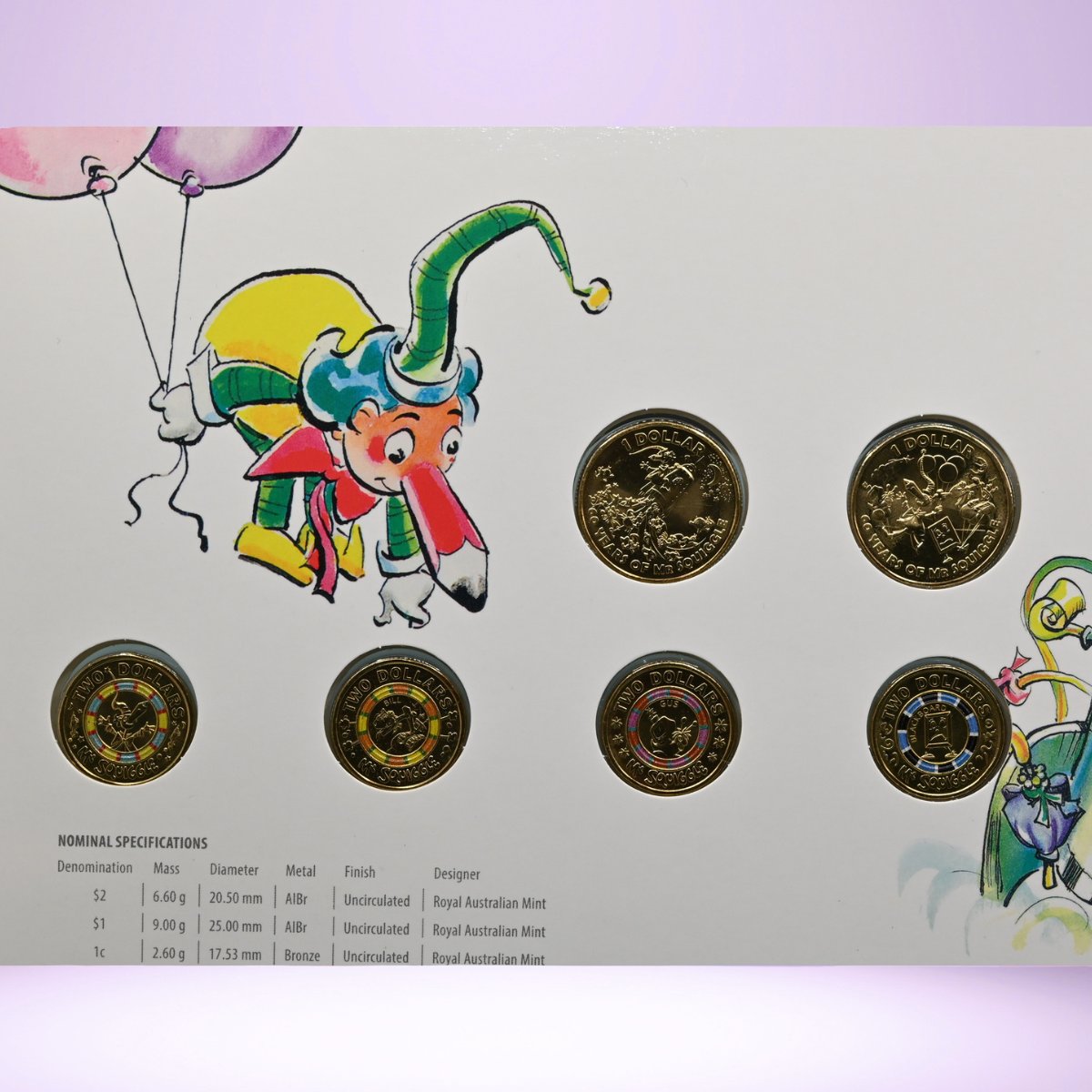 2019 $1 and coloured $2 Mr Squiggle & Friends 6 coins - reverse shown - inner folder