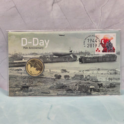 2019 $1 Perth Mint D-Day 75th Anniversary PNC with historical scene and commemorative stamp.