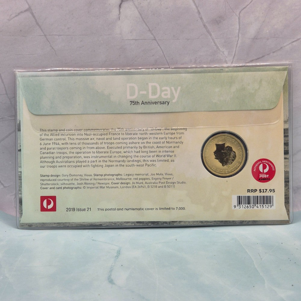 2019 $1 Perth Mint D-Day 75th Anniversary PNC with historical scene and commemorative stamp back of PNC.