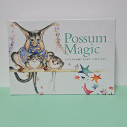 Possum Magic 2019 Proof Baby Coin Set with illustrations by Julie Vivas from the Classic Australian Children's Book Possum Magic by Mem Fox. Front Outer