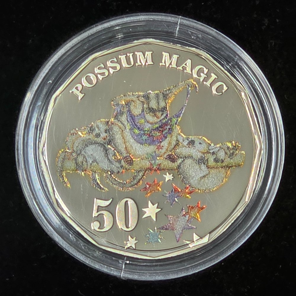 Possum Magic 2019 Proof Baby Coin Set with illustrations by Julie Vivas from the Classic Australian Children's Book Possum Magic by Mem Fox. Coloured 50c reverse close up