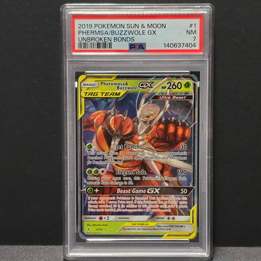 2019 Pokémon Unbroken Bonds - Pheromosa/Buzzwole GX Ultra Rare 1/214 — PSA Near Mint 7