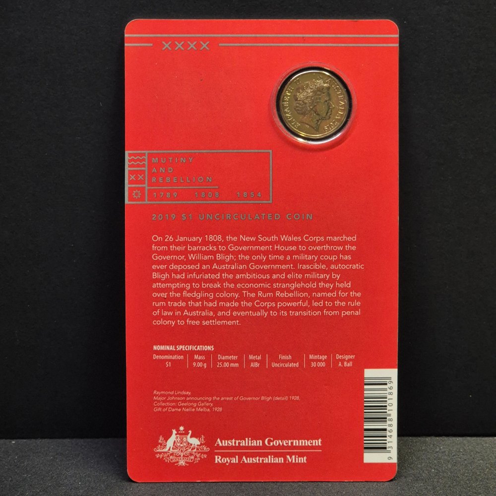 2019 $1 The Rum Rebellion Uncirculated Carded Coin