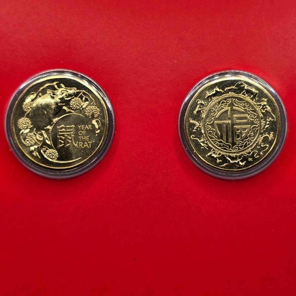 2020 $1 Lunar Series Year of the Rat Two-Coin Set presented on red Royal Australian Mint Card reverse of coins
