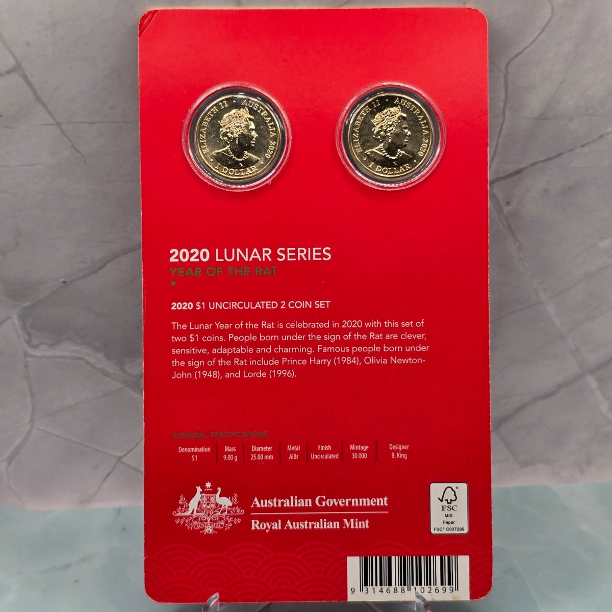 2020 $1 Lunar Series Year of the Rat Two-Coin Set presented on red Royal Australian Mint Card back of card