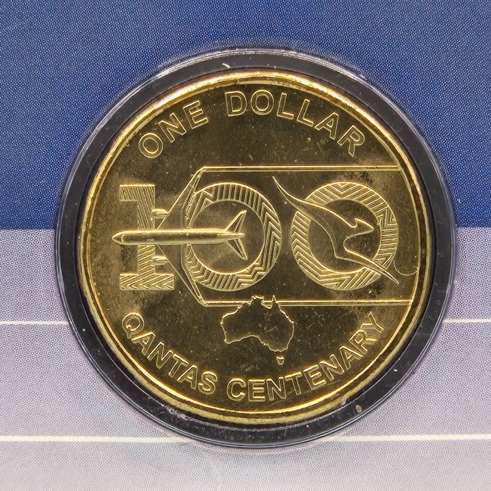 2020 One Dollar QANTAS Centenary Downies Carded Coin reverse