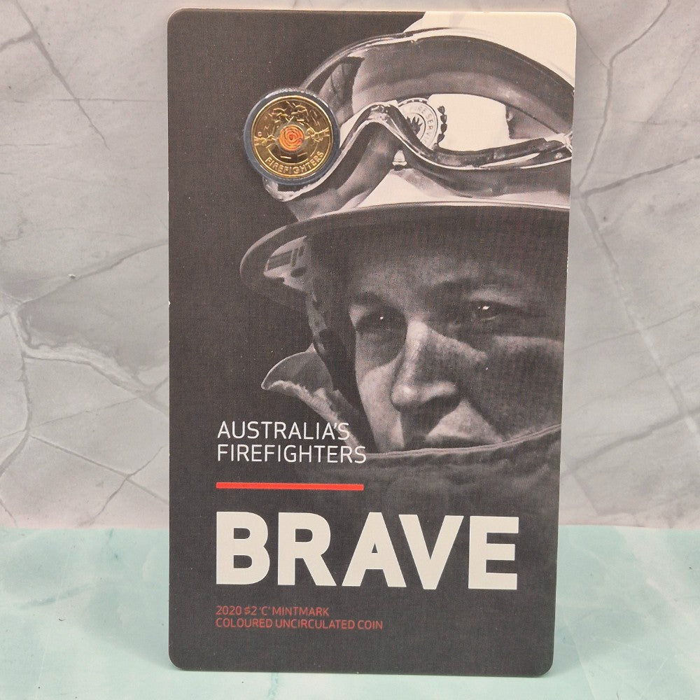 2020 $2 Australia's Firefighters Brave 'C' Mintmark Coloured Uncirculated Carded Coin front