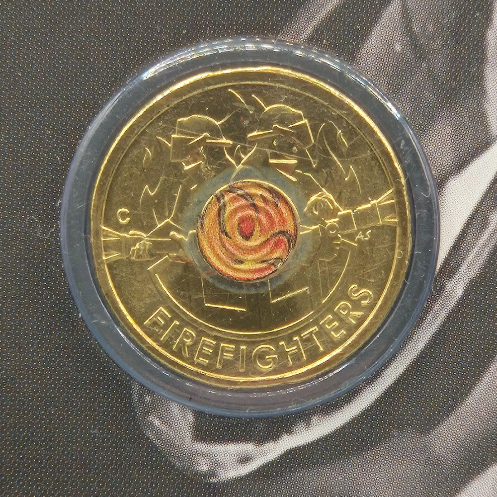 2020 $2 Australia's Firefighters Brave 'C' Mintmark Coloured Uncirculated Carded Coin reverse of coin