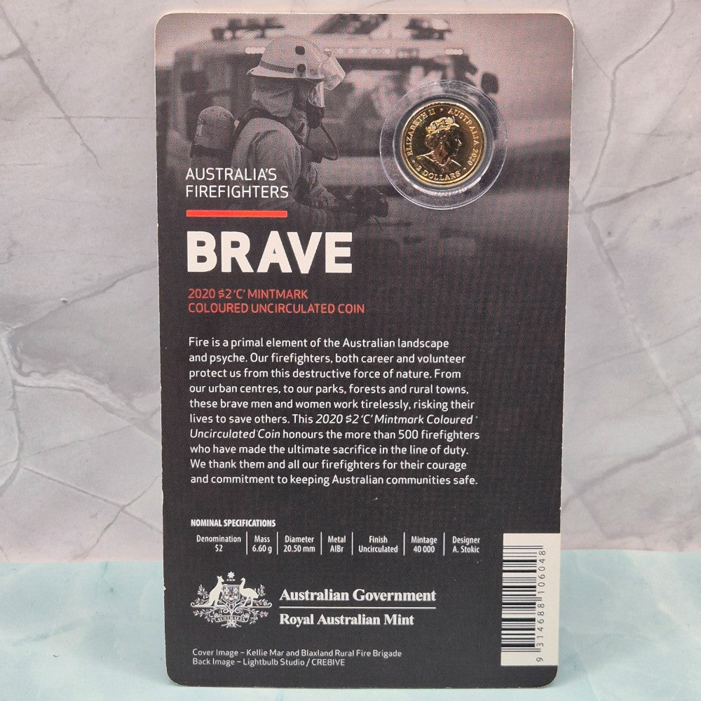 2020 $2 Australia's Firefighters Brave 'C' Mintmark Coloured Uncirculated Carded Coin back