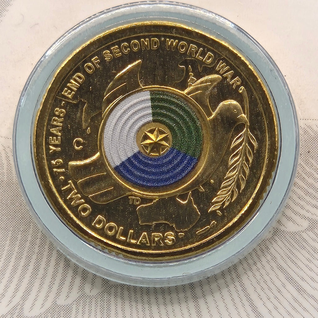 2020 $2 'C' Mintmark 75th Anniversary of the end of the Second World War coloured carded coin close up reverse