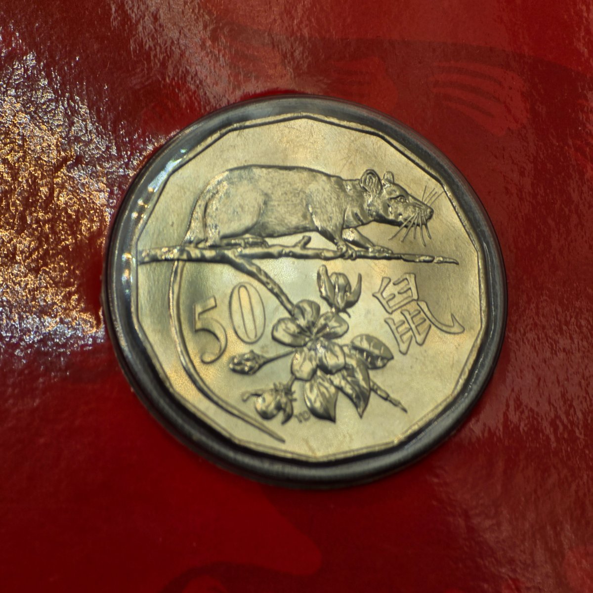 2020 50c Lunar Year of the Rat 50c Uncirculated Coin Tetra Decagon Series reverse of coin with a rat on a branch and traditional Chinese character for rat, denomination left