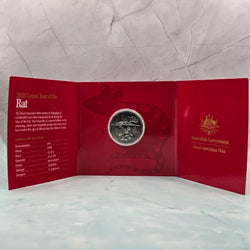 2020 50c Lunar Year of the Rat 50c Uncirculated Coin Tetra Decagon Series inner of red trifold with gold foil accents, and specifications