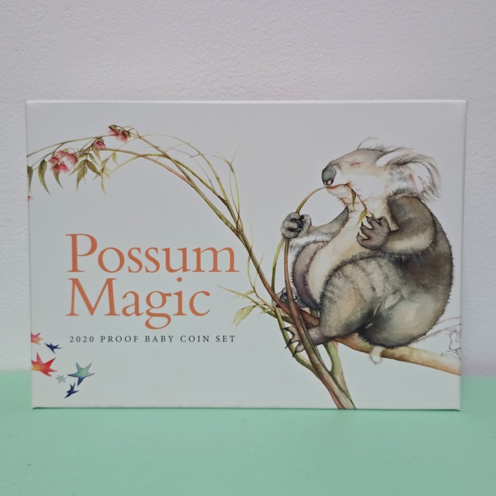 2020 Possum Magic Proof Baby Coin Set with illustrations and inspired designs from the classic Australian Children's Book Possum Magic by Mem Fox. Front Cover