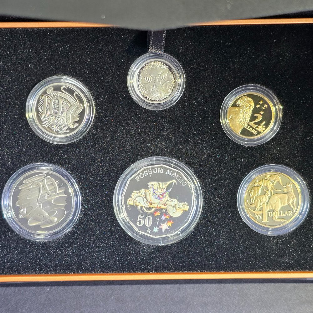 2020 Possum Magic Proof Baby Coin Set with illustrations and inspired designs from the classic Australian Children's Book Possum Magic by Mem Fox. Six coins reverse shown