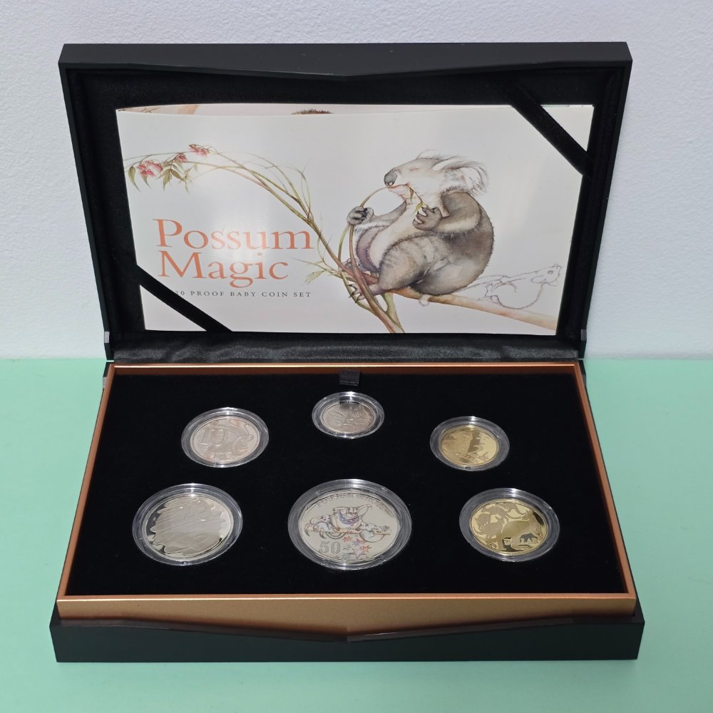 2020 Possum Magic Proof Baby Coin Set with illustrations and inspired designs from the classic Australian Children's Book Possum Magic by Mem Fox. Inner presentation case with 6 coins