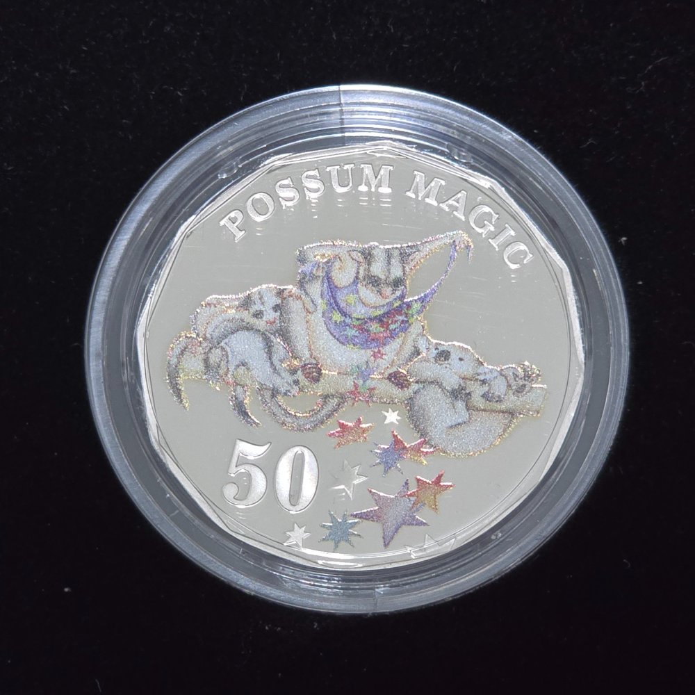 2020 Possum Magic Proof Baby Coin Set with illustrations and inspired designs from the classic Australian Children's Book Possum Magic by Mem Fox. Special, coloured 50c design reverse shown