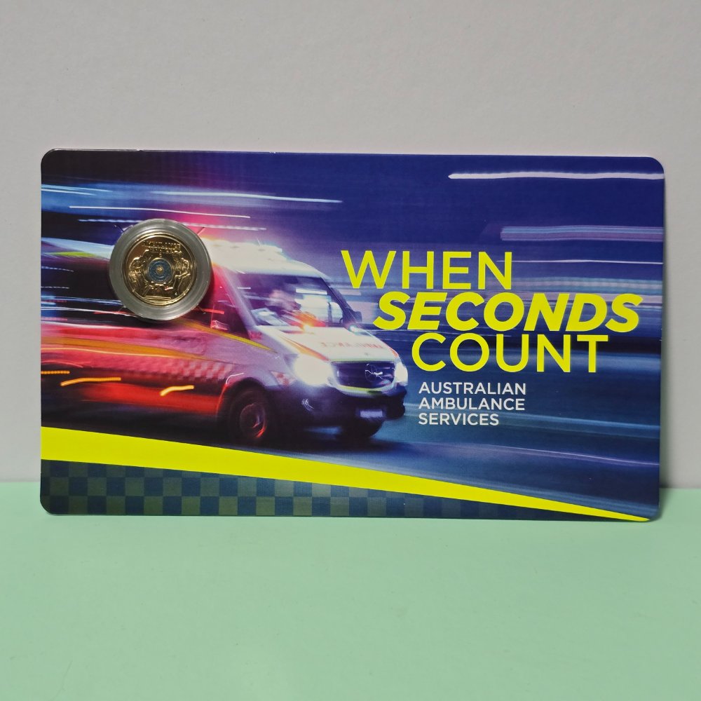 2021 $2 'C' Mintmark Australian Ambulance Services Carded coin, 'WHEN SECONDS COUNT' front