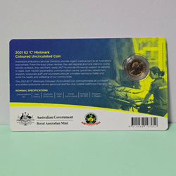 2021 $2 'C' Mintmark Australian Ambulance Services Carded coin, 'WHEN SECONDS COUNT' back