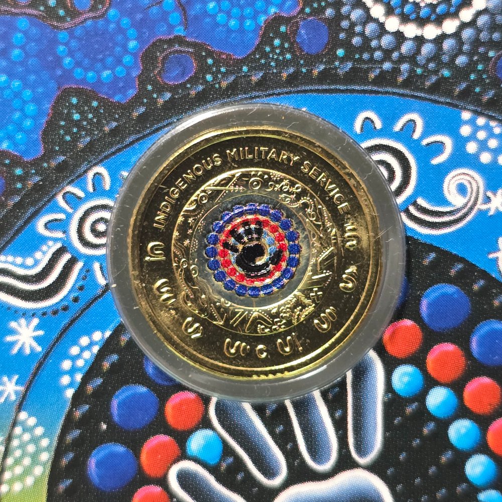 2021 $2 Defending Country Indigenous Australians in the Australian Defence Force Indigenous Military Services 'C' Mintmark carded coin reverse