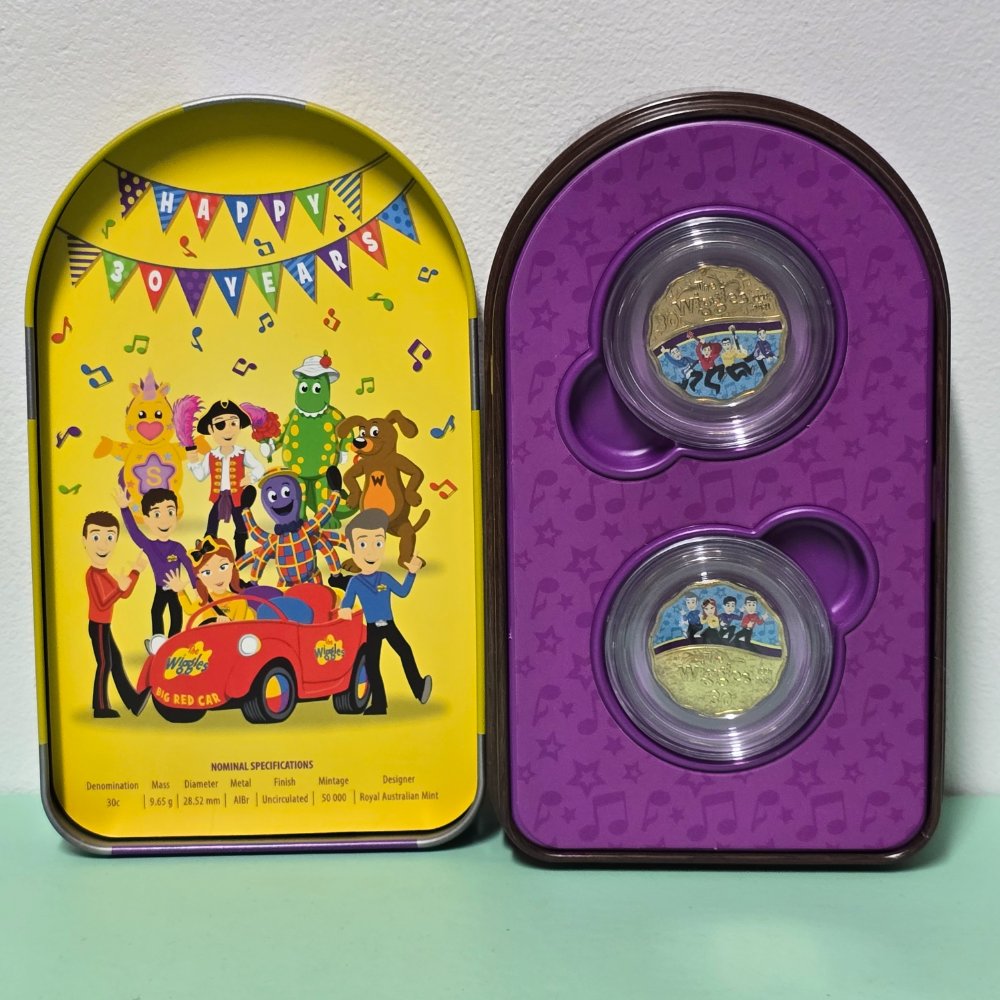 2021 30 years of the Wiggles Wiggly Coin Set Jukebox Tin with two scalloped 30c coins, inner tin and lid with nominal specifications