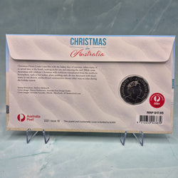 Back of 2021 50c PNC with Christmas tree on a beach scene, featuring 'Christmas in Australia' text.