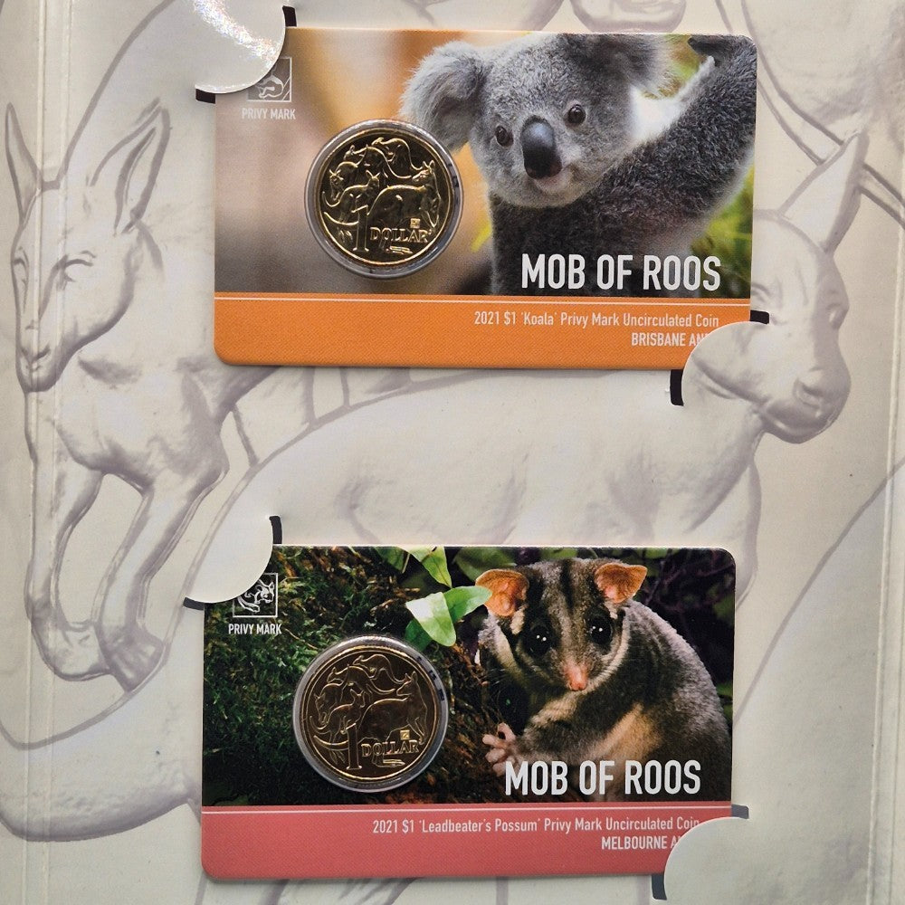 2021 ANDA One Dollar Privy Mark Coins in Folder Brisbane Koala and Melbourne Leadbeater Possum