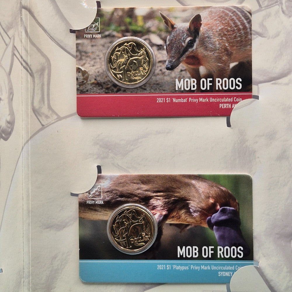 2021 ANDA One Dollar Privy Mark Coins in Folder Perth Numbat and Sydney Platypus