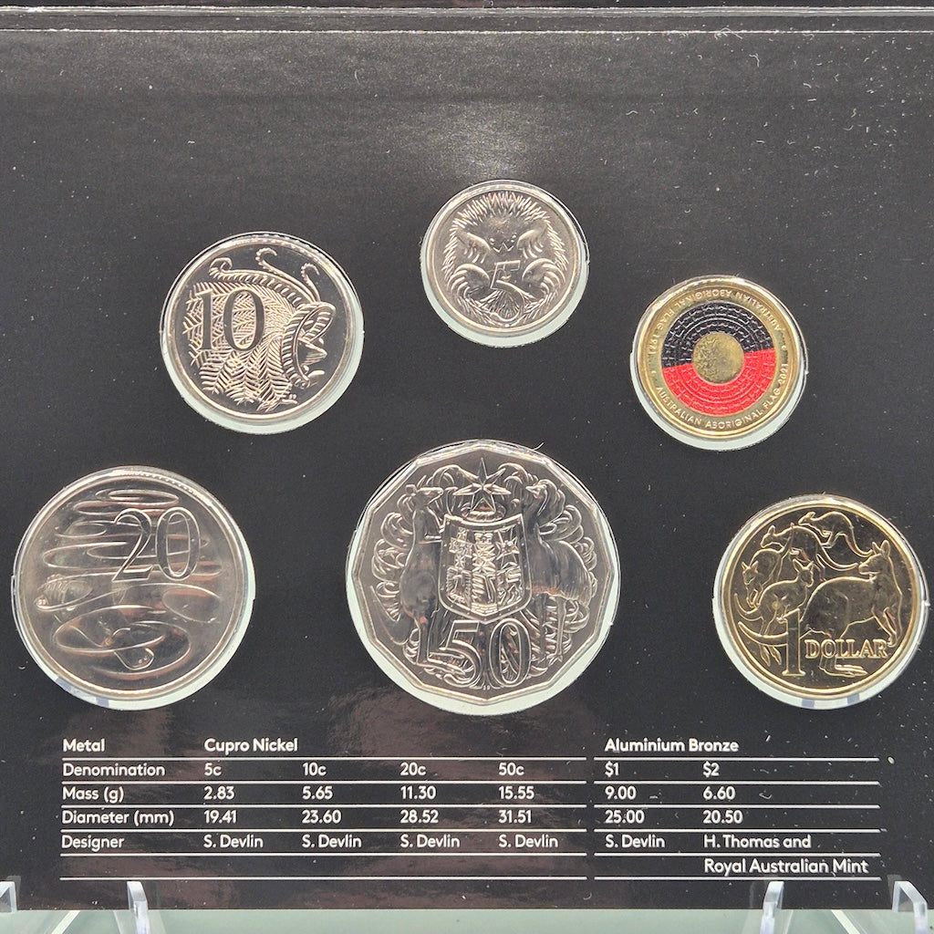 Reverse side of coins in the 2021 50th Anniversary of the Australian Aboriginal Flag 6 Coin Mint Set