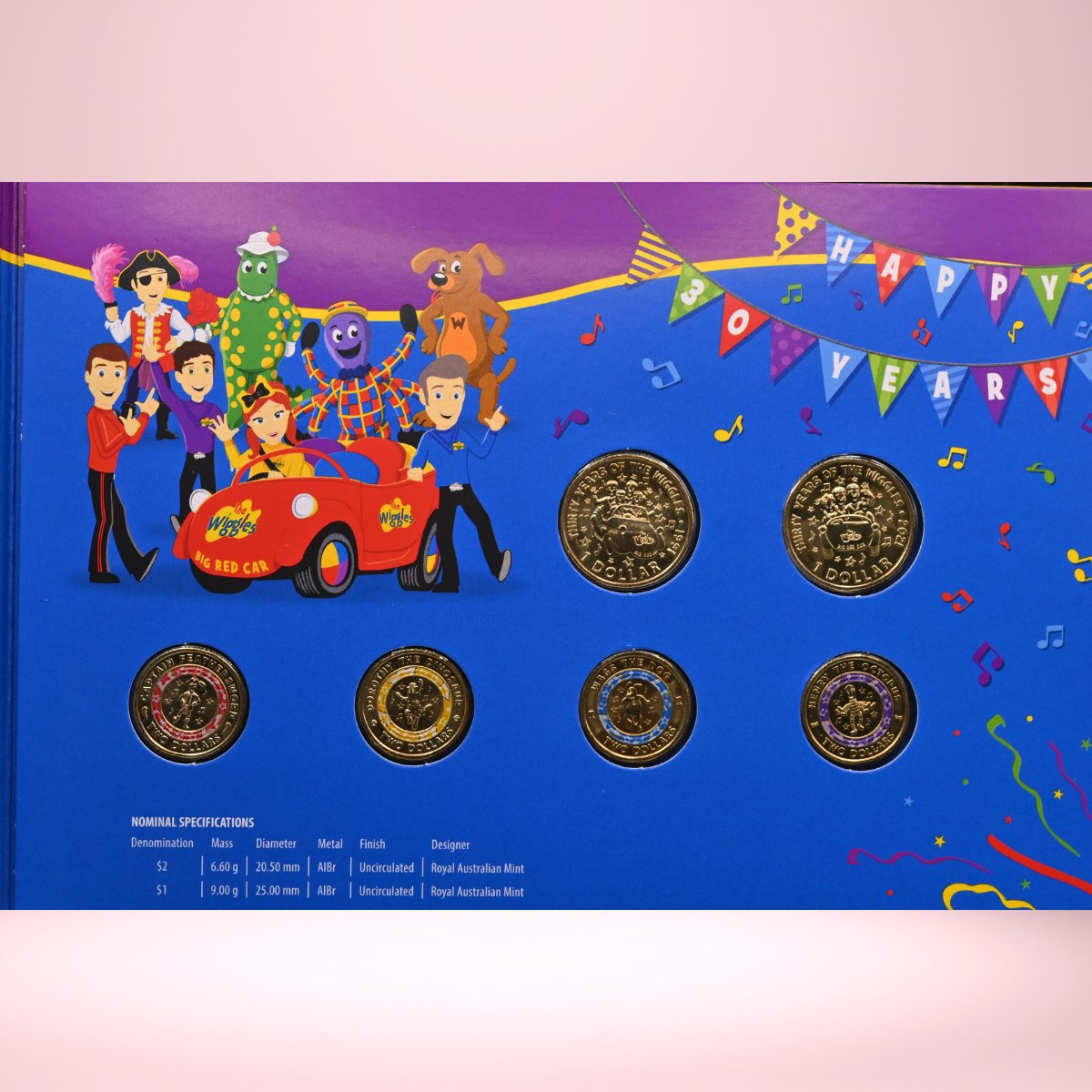 2021 collectible $1 and $2 coin set with 6 coins and cartoon The Wiggles characters, with festive decorations and nominal specifications