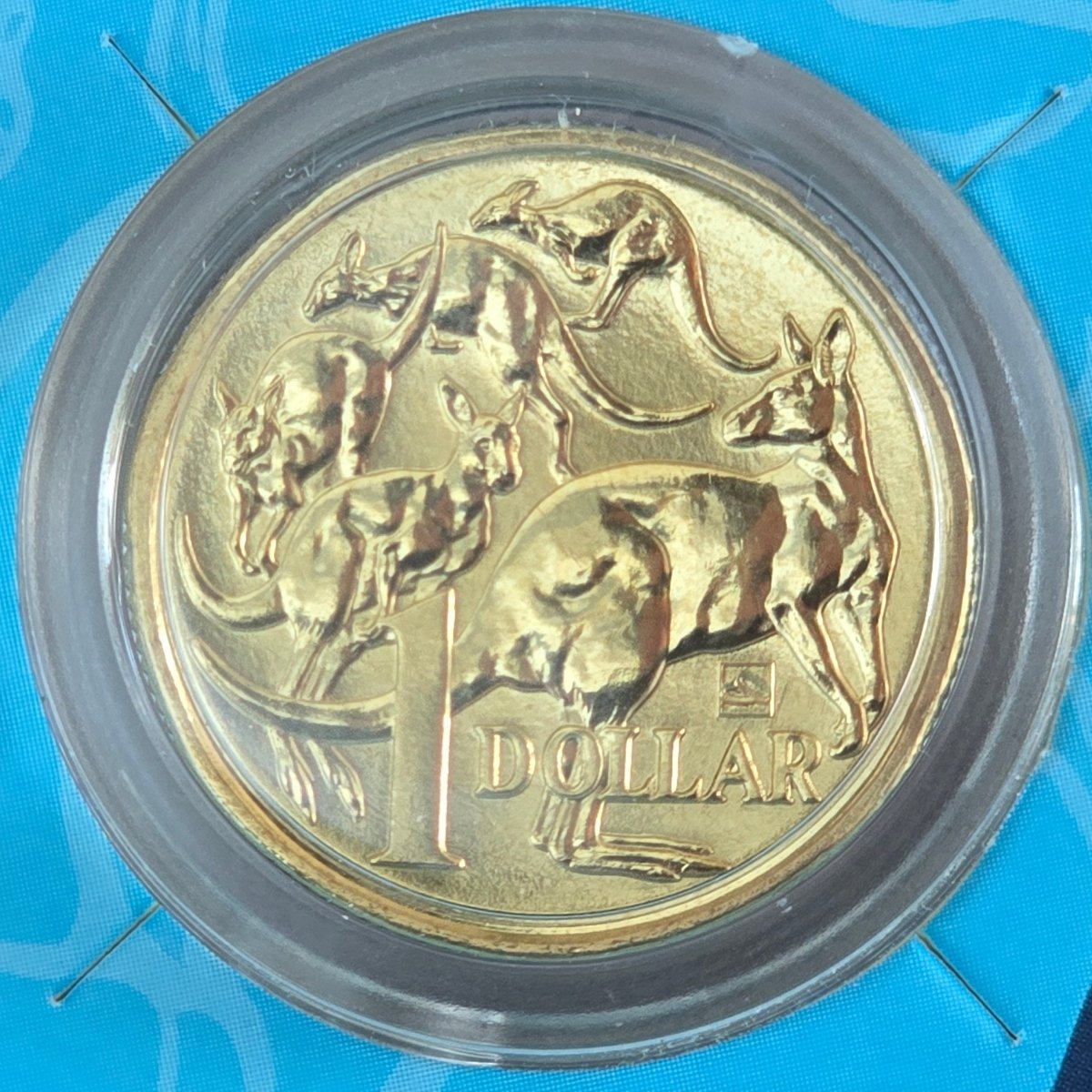 2022 $1 Mob of Roos coin with Coin Stack Privy Mark close up reverse side