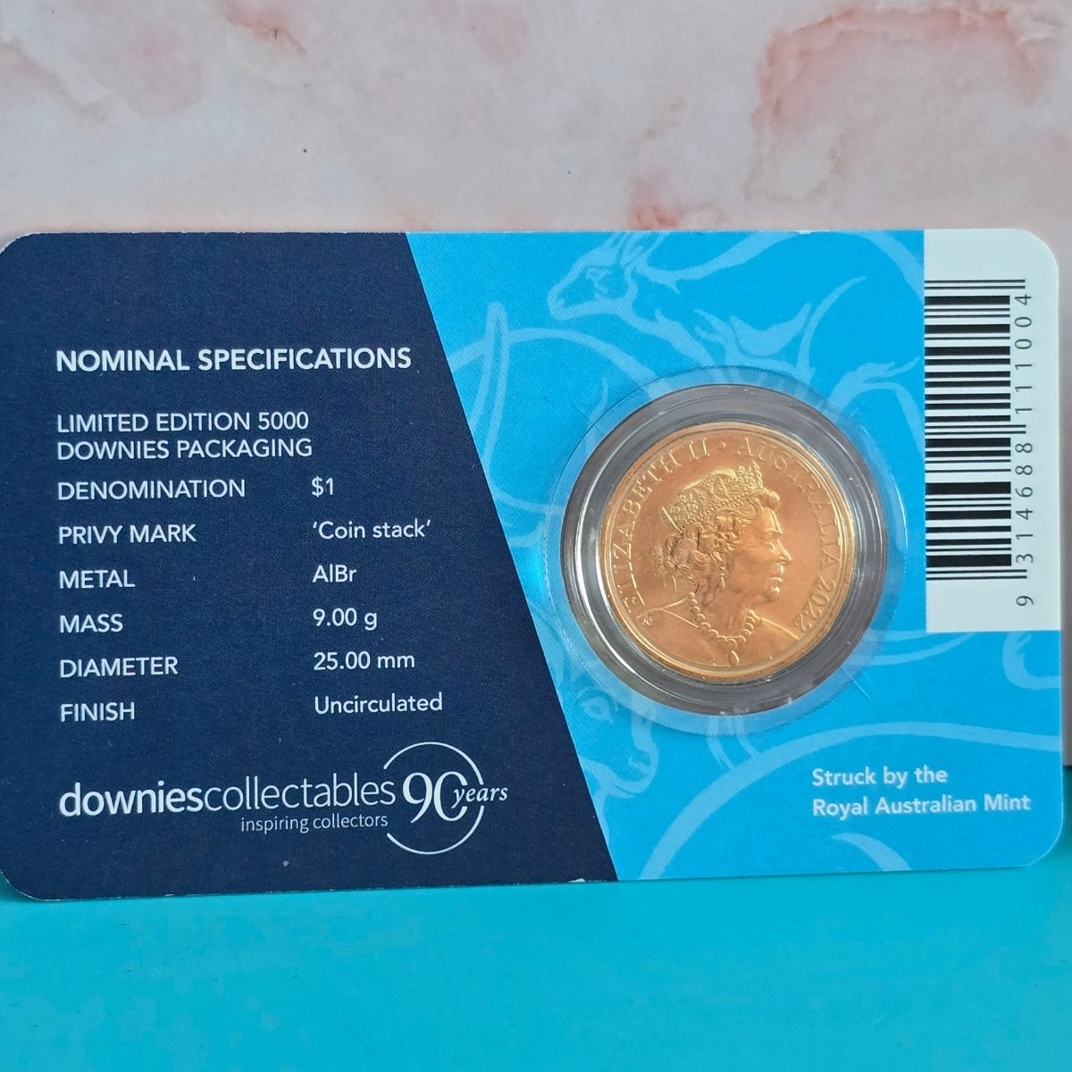 2022 $1 Mob of Roos coin with Coin Stack Privy Mark in small card with nominal specifications