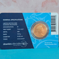 2022 $1 Mob of Roos coin with Coin Stack Privy Mark in small card with nominal specifications