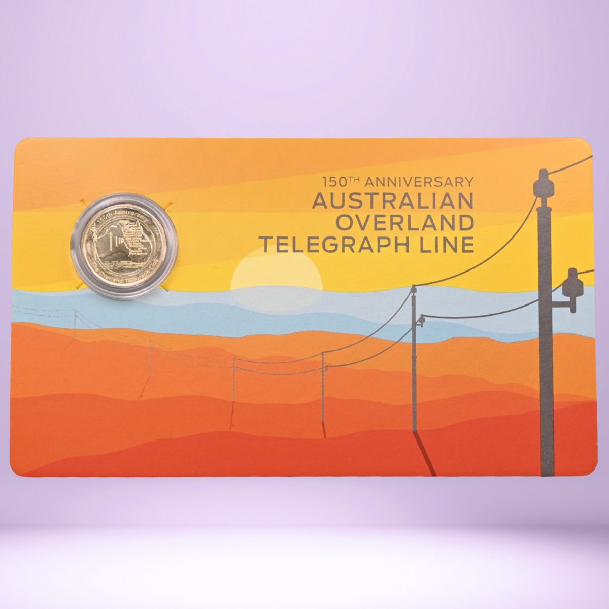 2022 $1 coin on card - scenic design - text '150th Anniversary Australian Overland Telegraph Line' - reverse