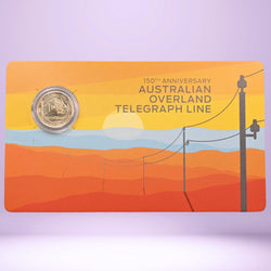 2022 $1 coin on card - scenic design - text '150th Anniversary Australian Overland Telegraph Line' - reverse