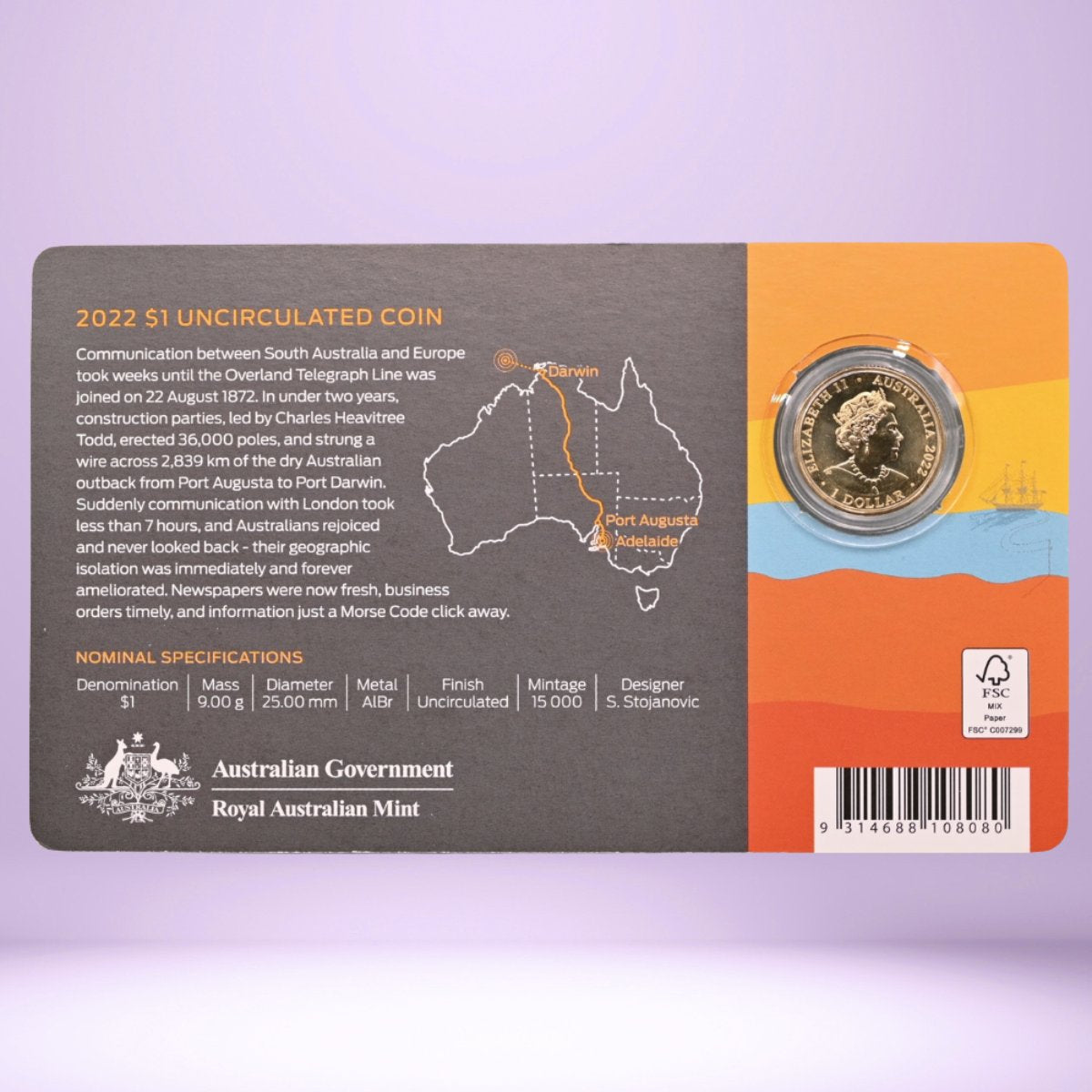 2022 $1 coin on card Overland Telegraph - informative text with nominal specifications - obverse