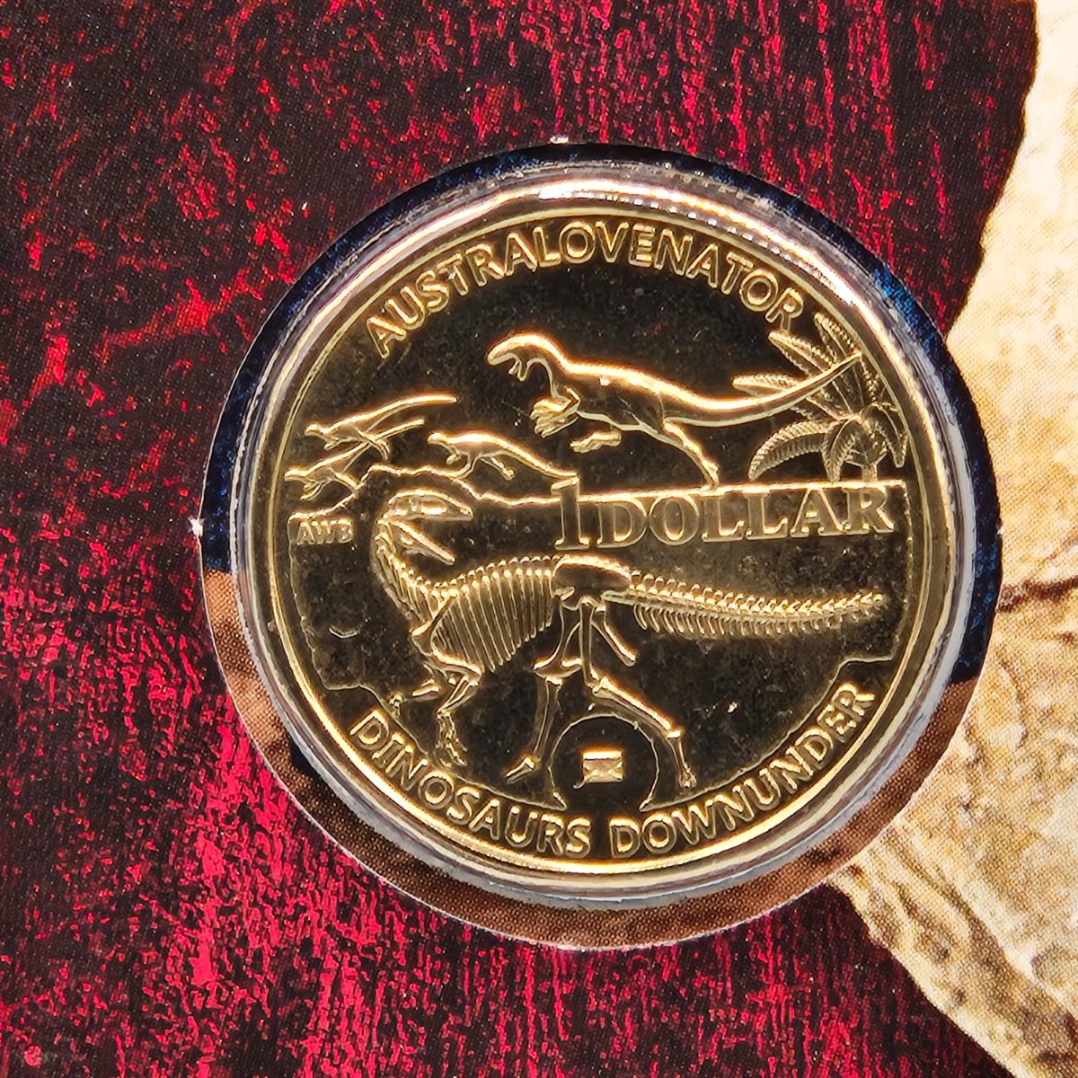 Close up of coin from 2022 $1 Australian Dinosaurs PNC with Fossil Head, gold foiling and envelope privy mark on coin, featuring Australovenator wintonensis