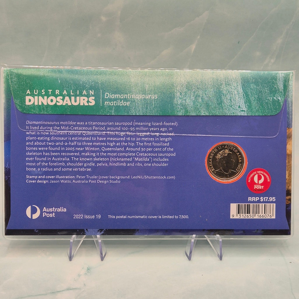 Back of 2022 $1 Australian Dinosaurs PNC featuring Diamantinasaurus matildae