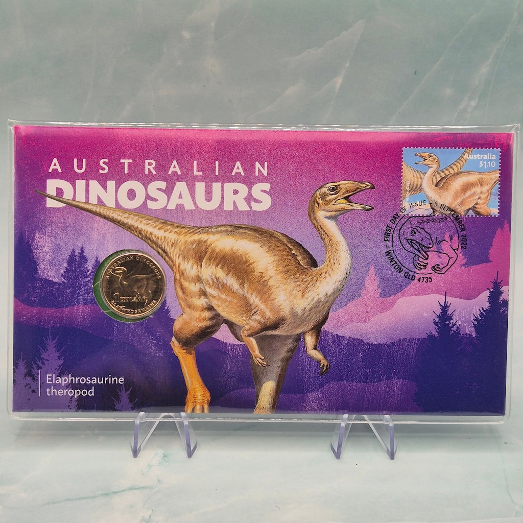 2022 $1 Australian Dinosaurs PNC featuring Elaphrosaurine theropod