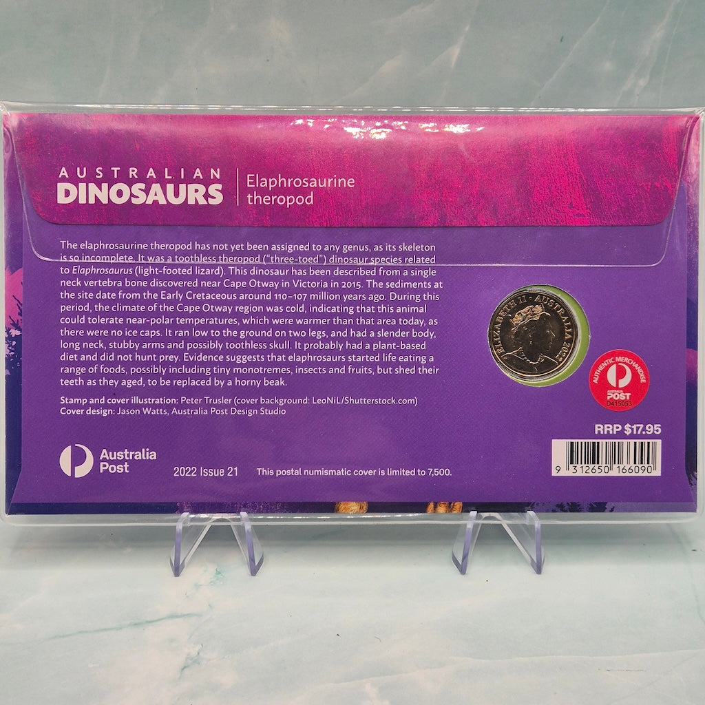 back of 2022 $1 Australian Dinosaurs PNC featuring Elaphrosaurine theropod