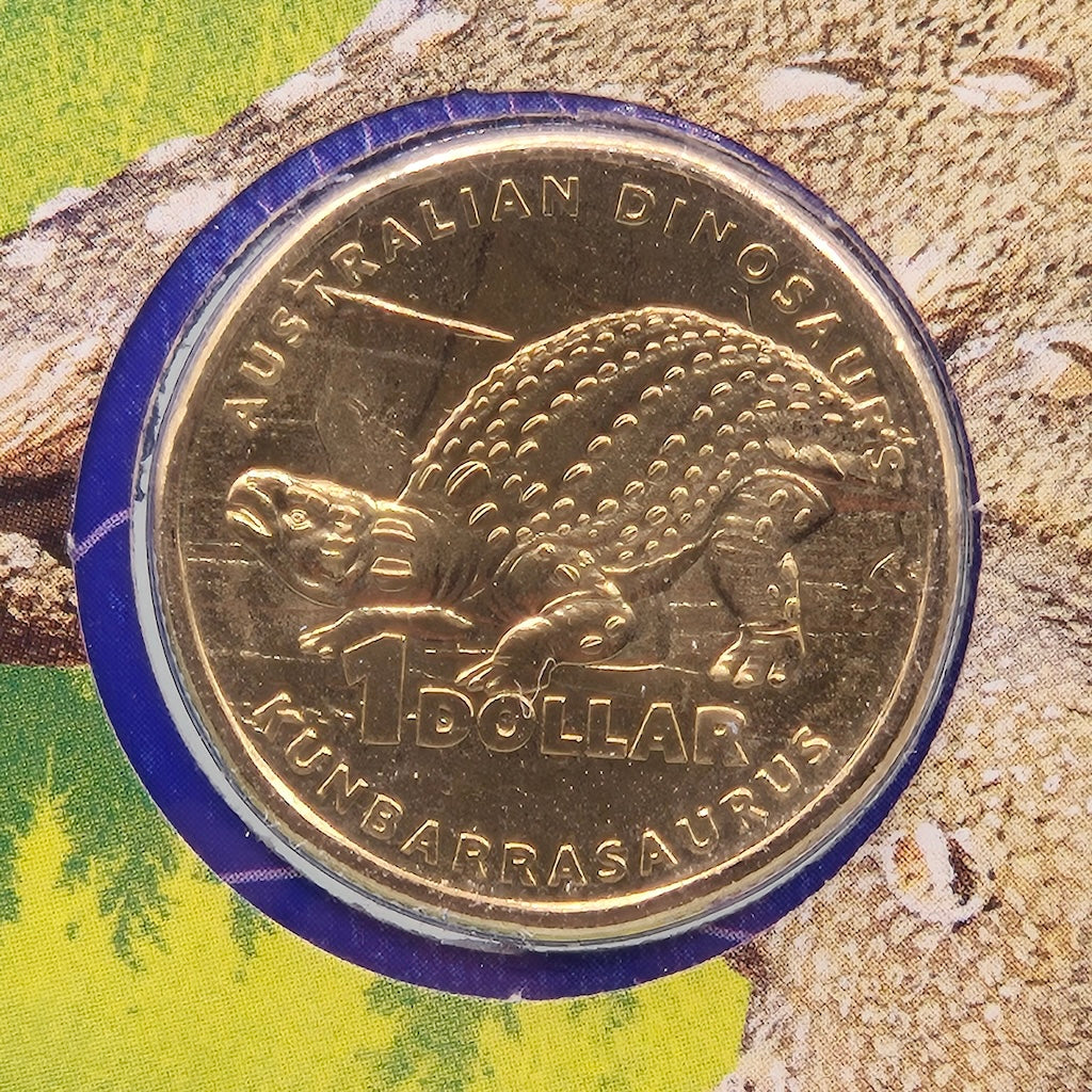 Close up reverse side of coin from 2022 $1 Australian Dinosaurs PNC featuring Kunbarrasaurus ieversi