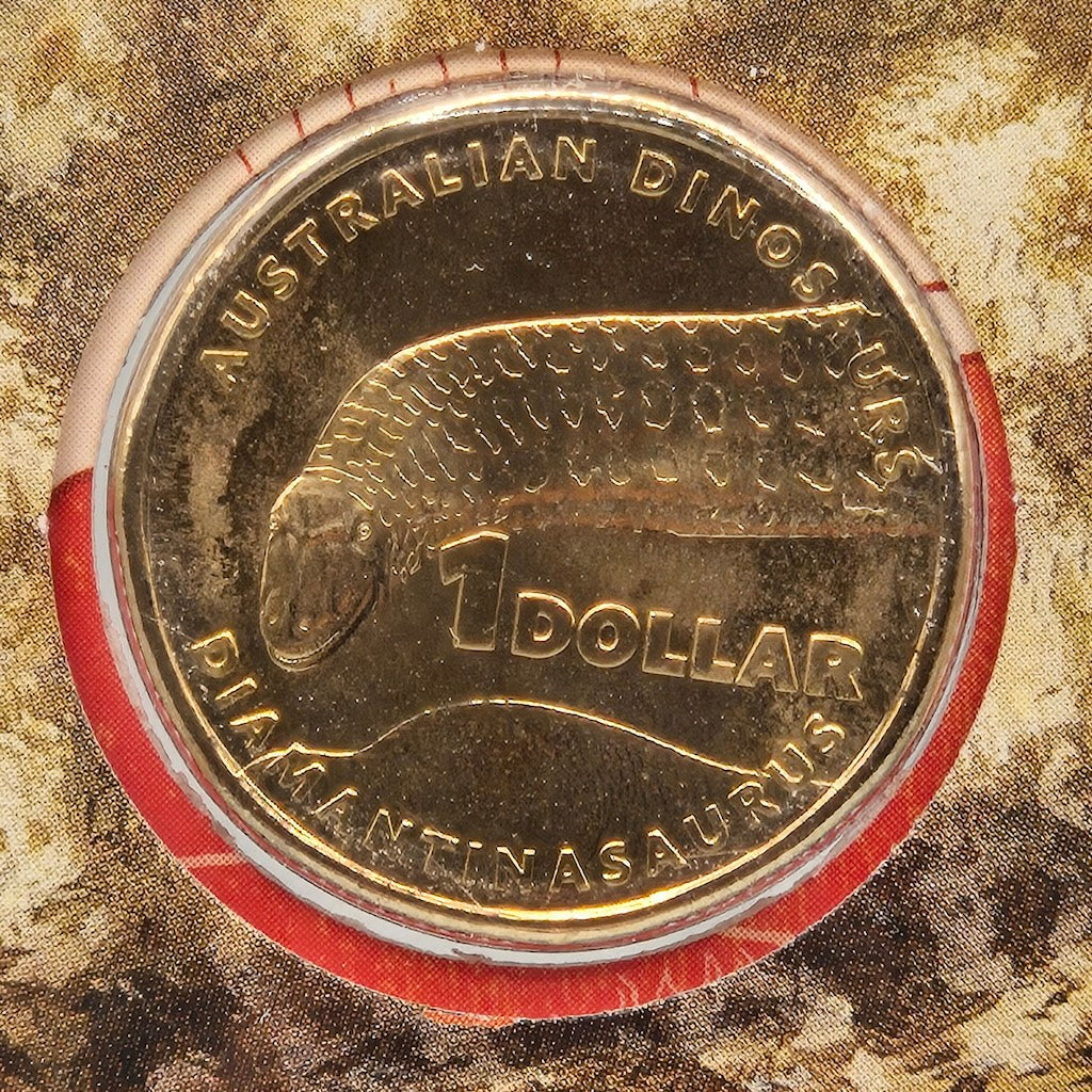Close up reverse side of coin from 2022 $1 Australian Dinosaurs PNC featuring Diamantinasaurus matildae