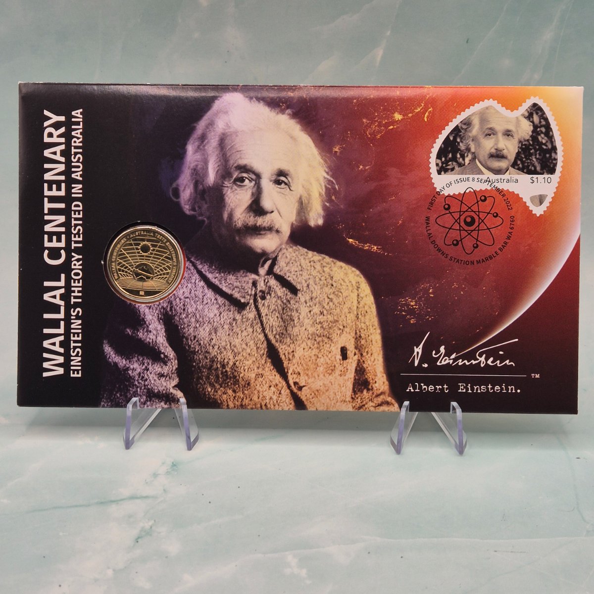 2022 $1 Wallal Centenary commemorative PNC celebrating a century of Eintstein's theory being tested in Australia - Envelope Privy Mark on coin