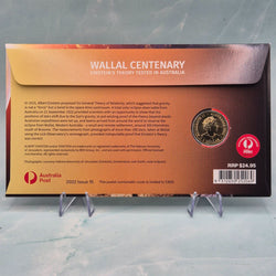 back of 2022 $1 Wallal Centenary commemorative PNC celebrating a century of Eintstein's theory being tested in Australia - Envelope Privy Mark on coin